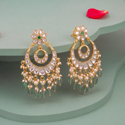 Ethnic Jadau Kundan Chandbali Earrings With Green Beads