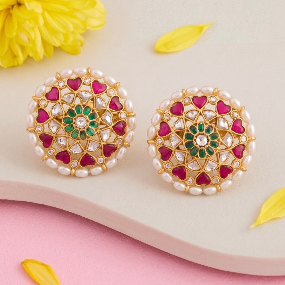 Floral Studded Jadau Kundan Stud Earrings With Ricepearl Bordering