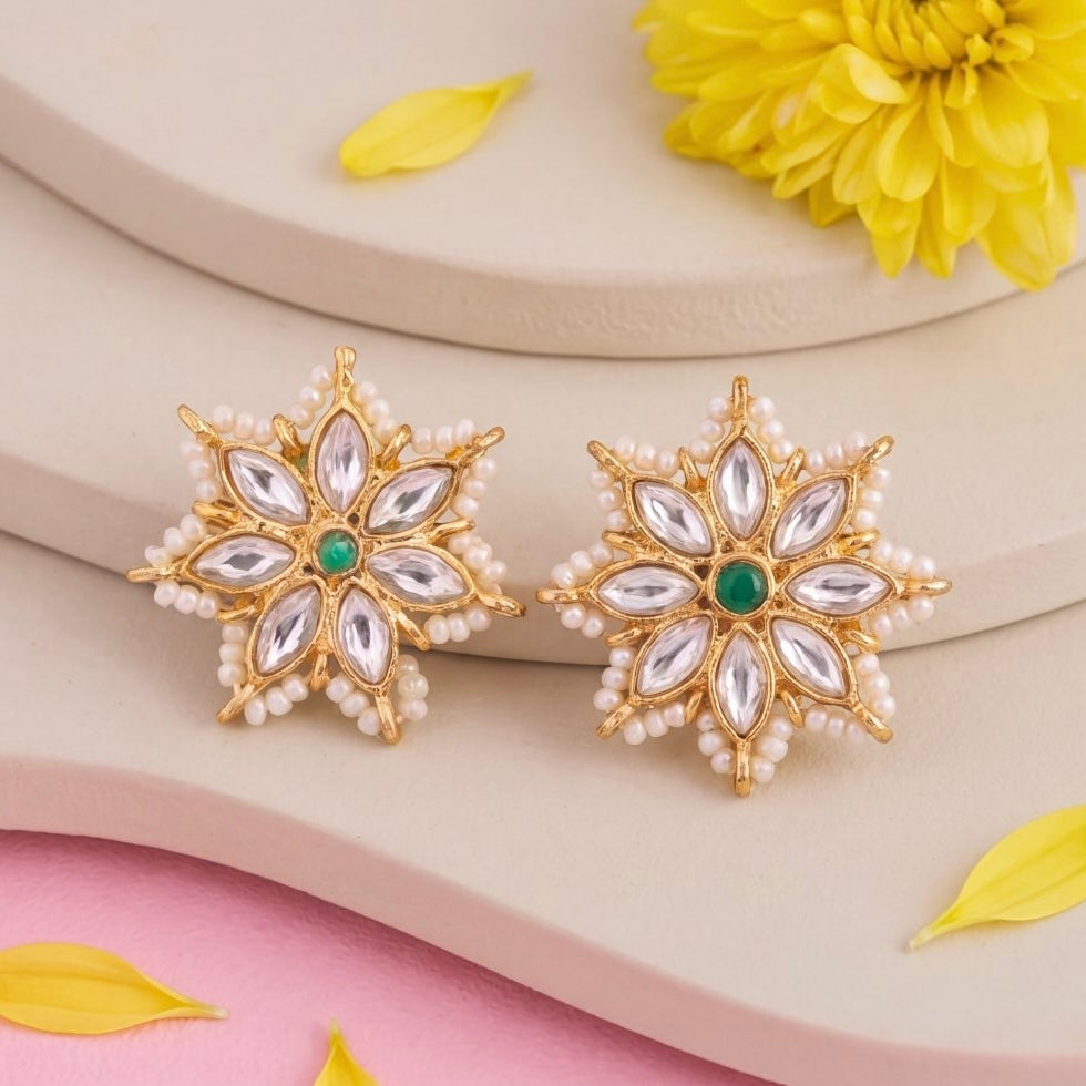 Star Floral Jadau Kundan Stud Earrings with Pearl Border - Handcrafted Indian Bridal Jewelry by Dulhan Jewels