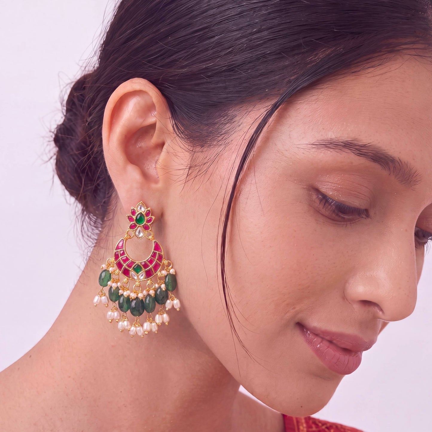 Classy Jadau Kundan Chandbali Earrings With Rice Pearls