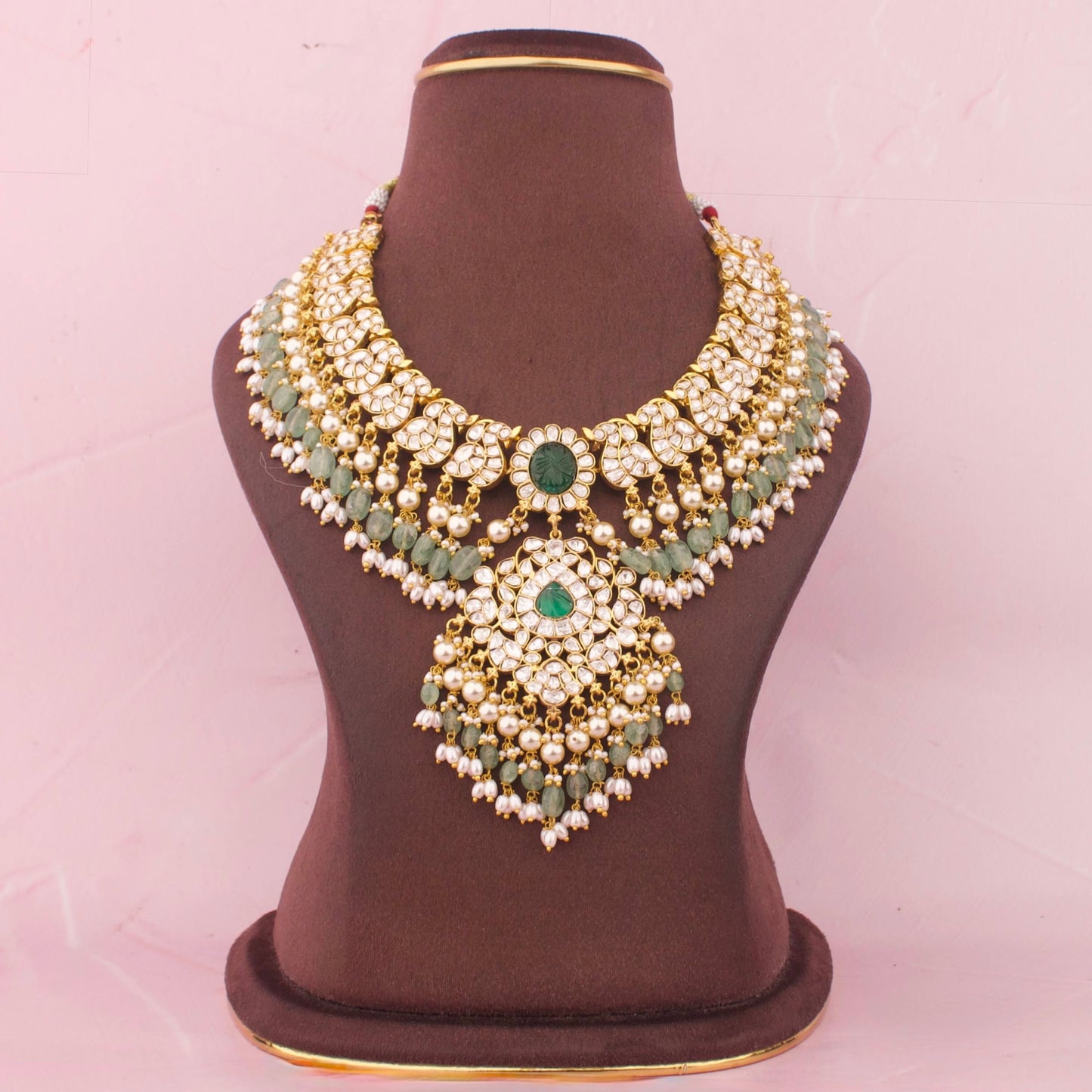 Elegant Polki Necklace Set With Rice Pearl Hangings