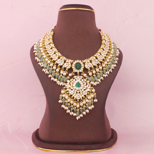 Elegant Polki Necklace Set With Rice Pearl Hangings
