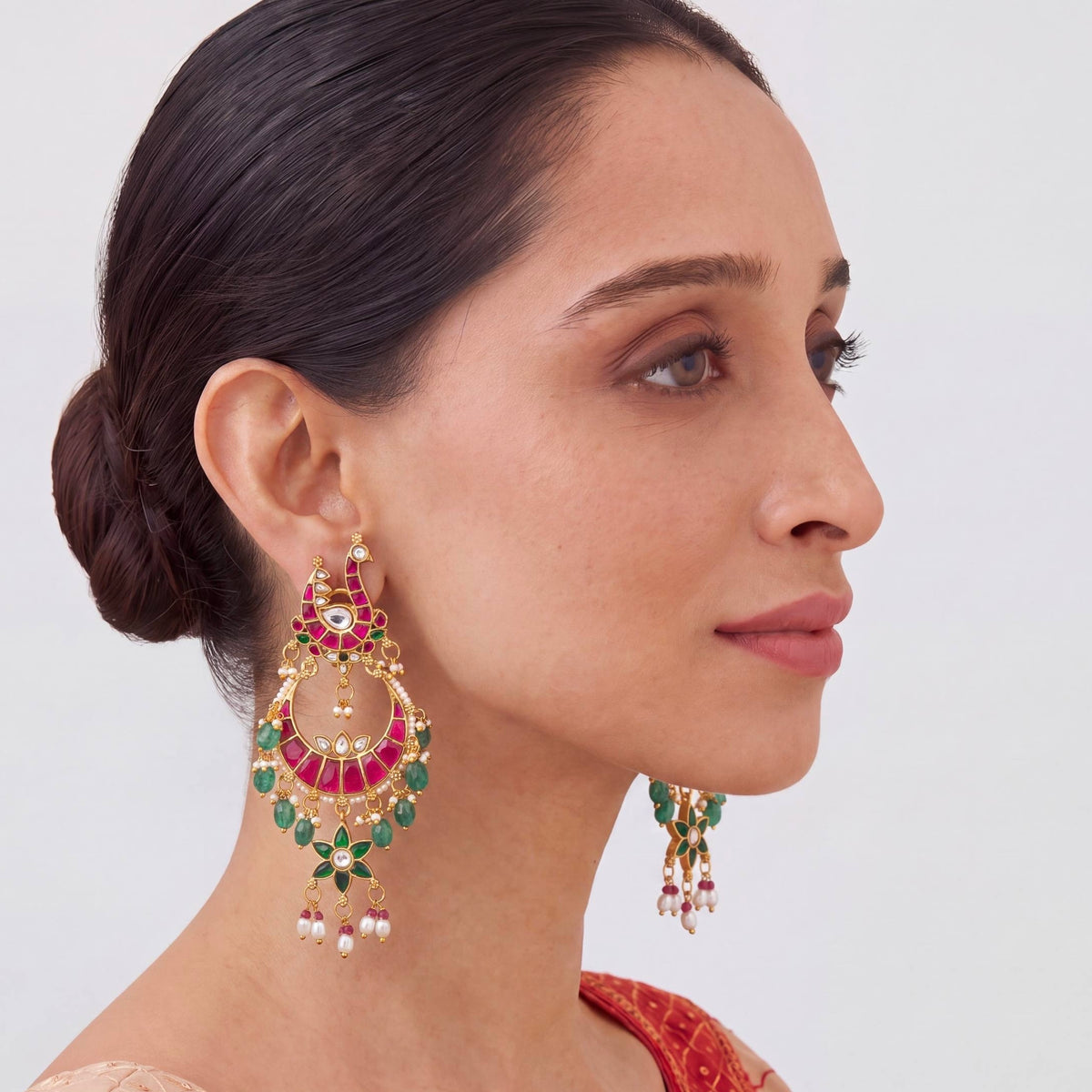 Stylish Jadau Kundan Chandbali Earrings With Green Drops Craftsmanship & Detail View - Dulhan Jewels