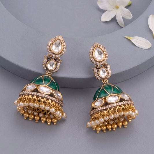 Mini Jhumka Earrings With Polki Stones - Handcrafted Indian Bridal Jewelry by Dulhan Jewels
