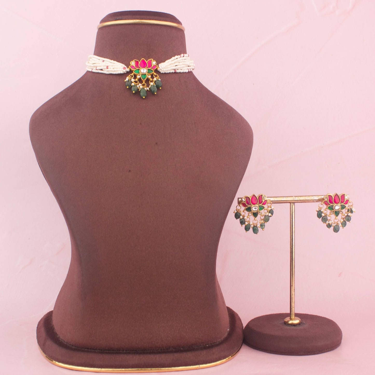 Lotus Design Jadau Kundan Pearl Choker With Matching Earrings