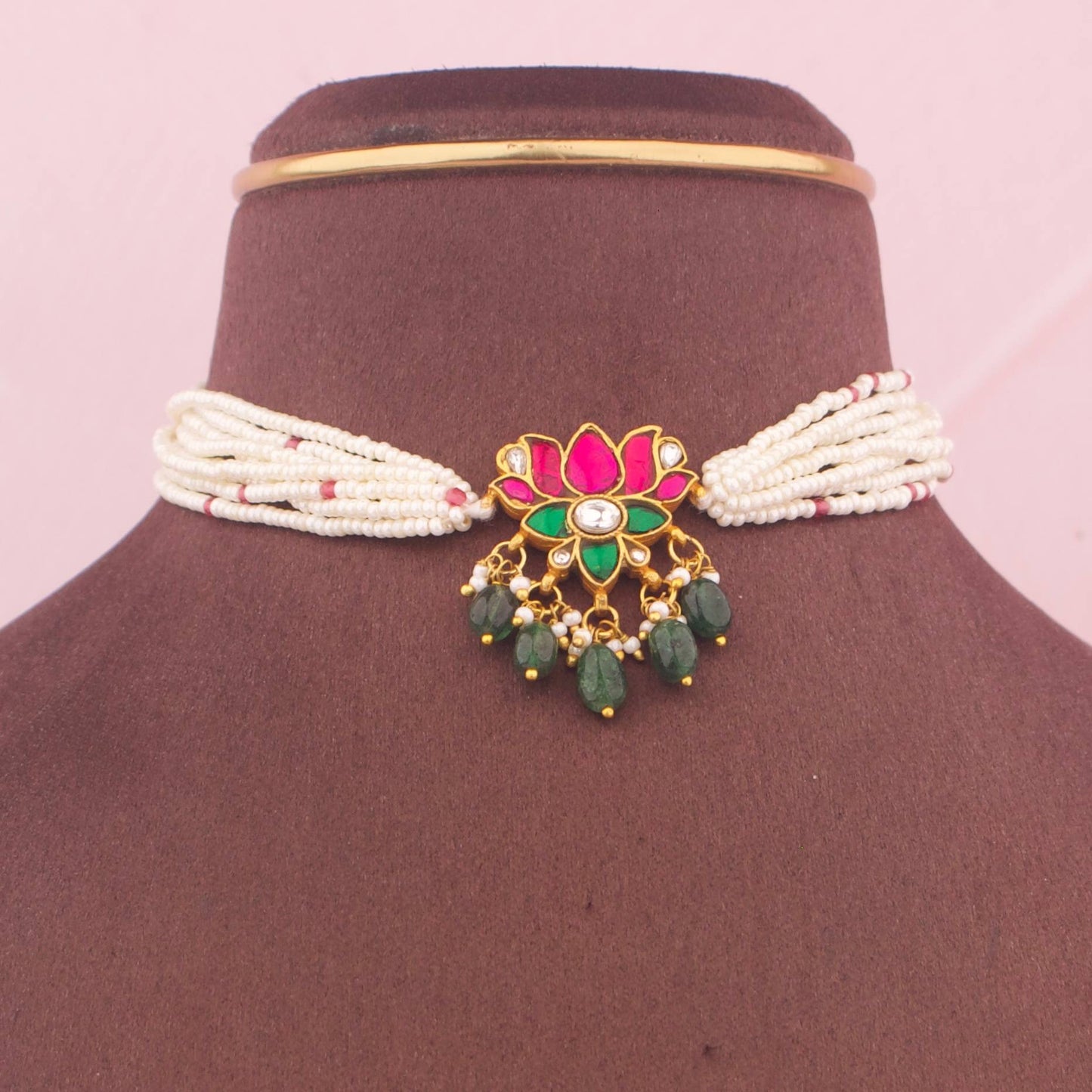 Lotus Design Jadau Kundan Pearl Choker With Matching Earrings