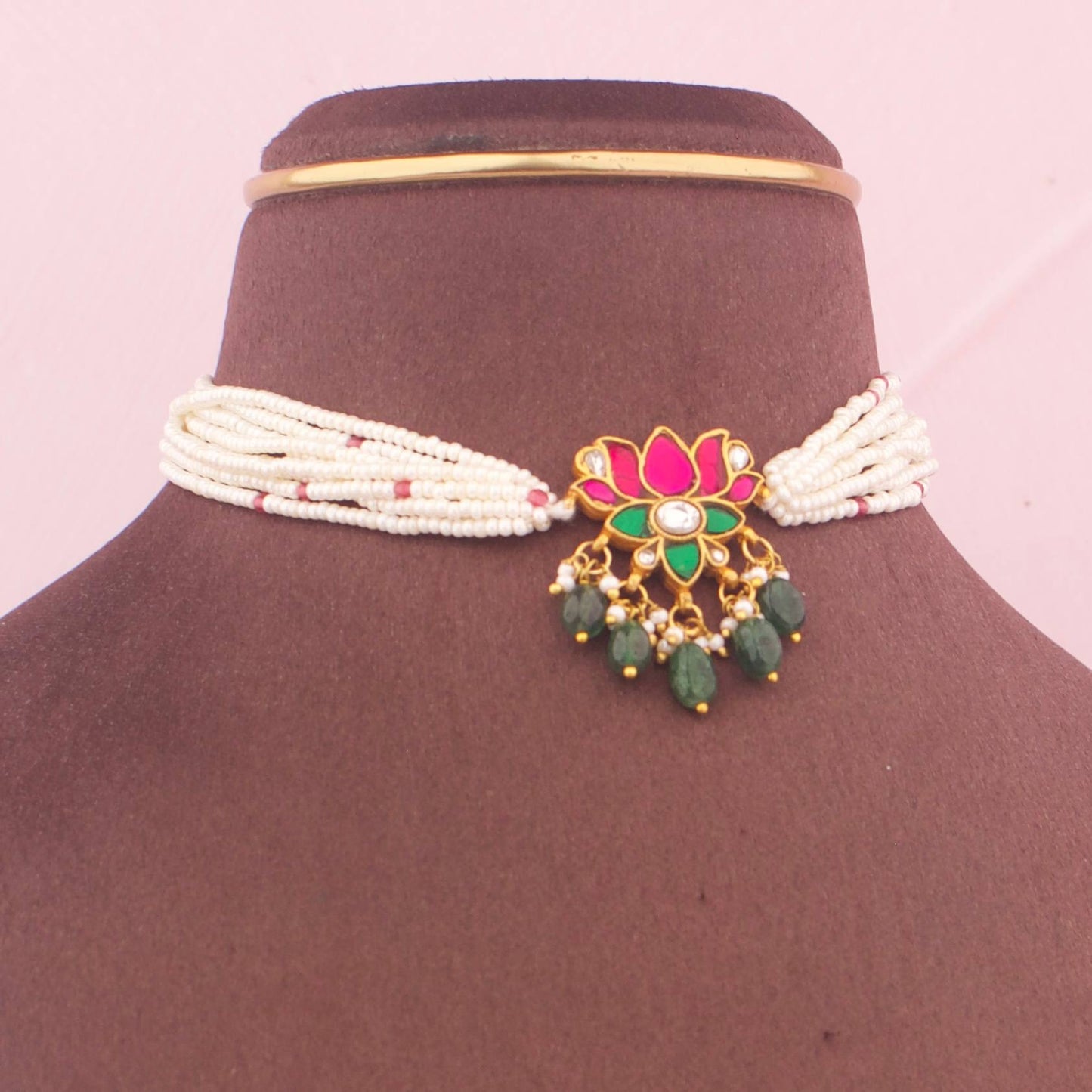 Lotus Design Jadau Kundan Pearl Choker With Matching Earrings