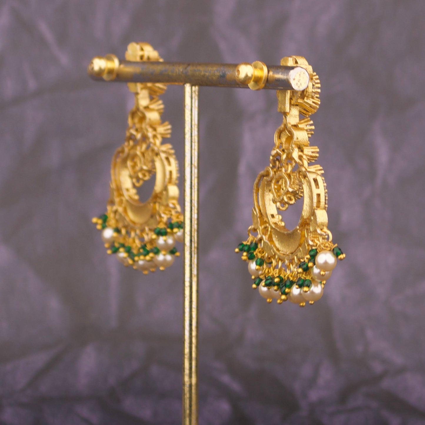Radiant Jadau Kundan Chandbali Earrings With Hangings Close-up Design & Gemstone Detailing - Dulhan Jewels