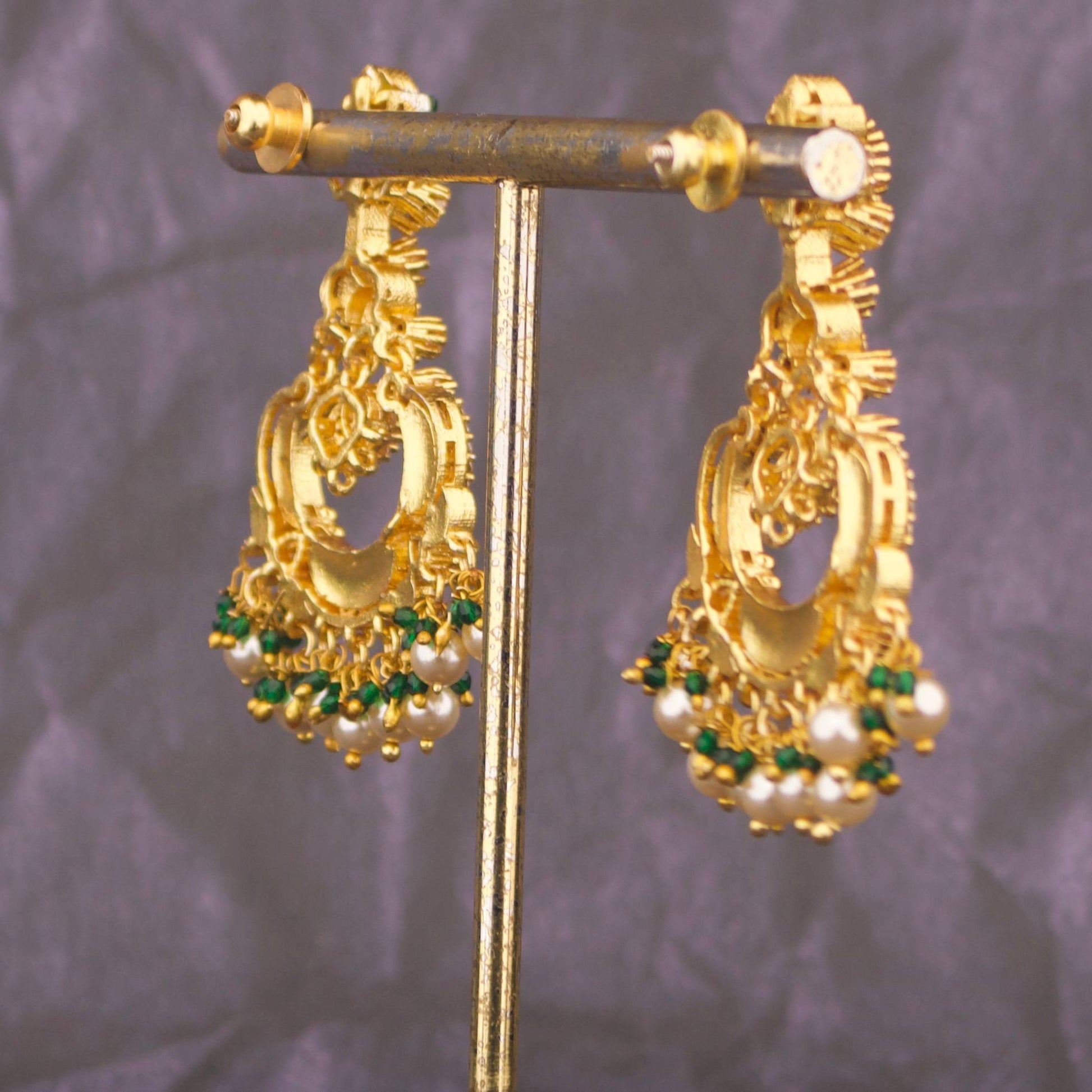 Radiant Jadau Kundan Chandbali Earrings With Hangings Styling Angle View 4 - Dulhan Jewels