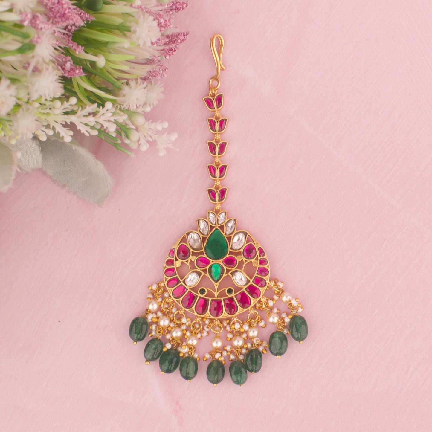 Ethnic Jadau Kundan Maang Tikka With Green Hangings