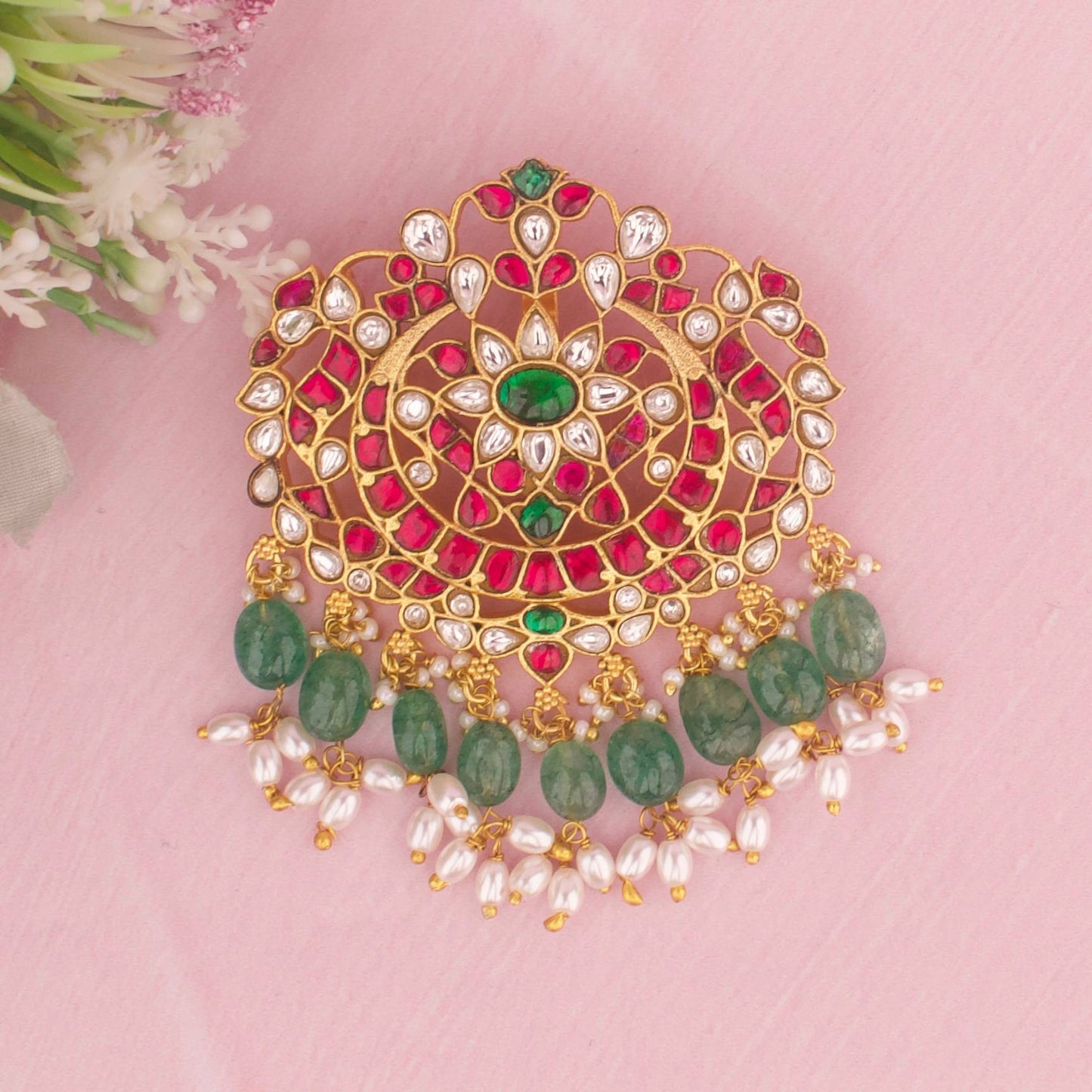Bridal Jadau Kundan Pendant With Green Bead Hangings