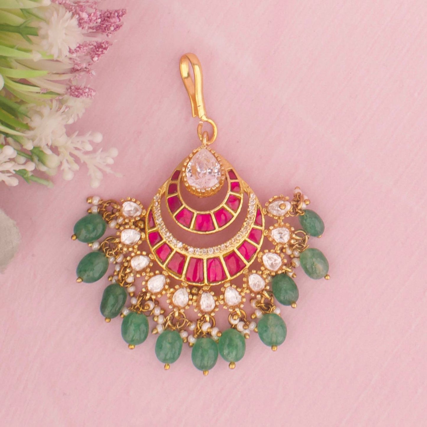Polki Jadau Kundan Gold Plated Maang Tikka Green Drops