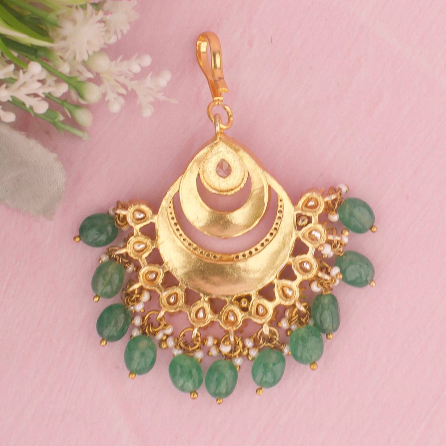 Polki Jadau Kundan Gold Plated Maang Tikka Green Drops