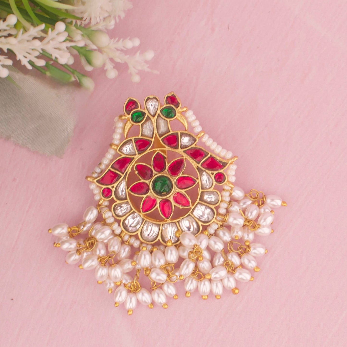 Minimal Jadau Kundan Pendant With Ricepearl Hangings