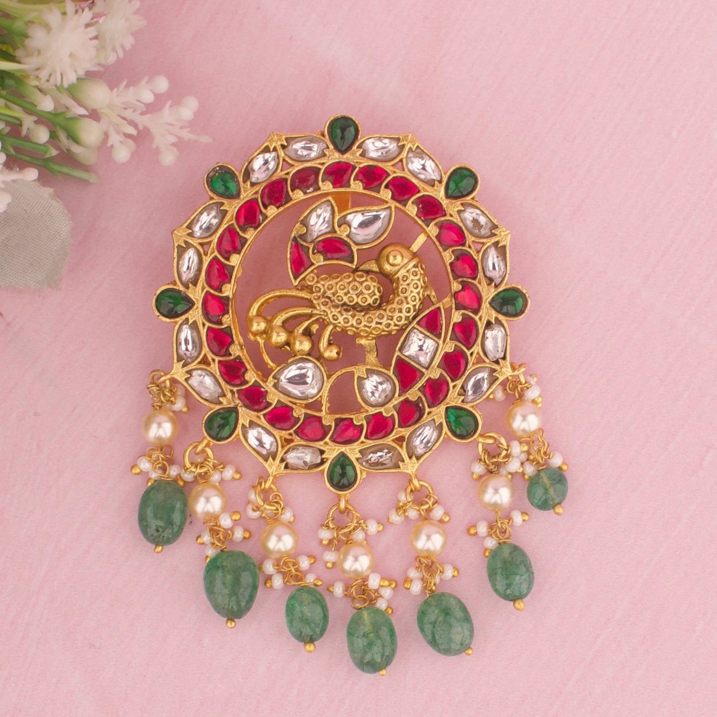 Unique Jadau Kundan Locket With Emerald Drops