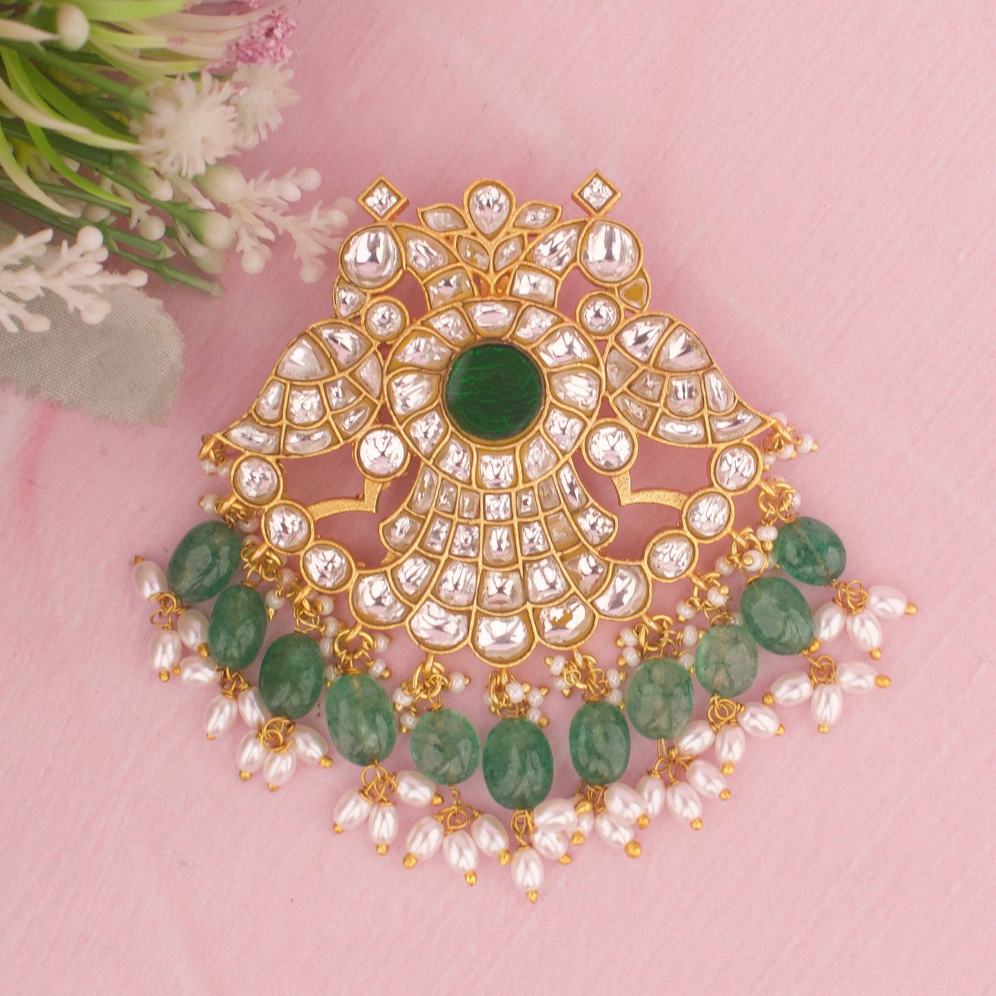 Designer Jadau Kundan Locket With Green Beads