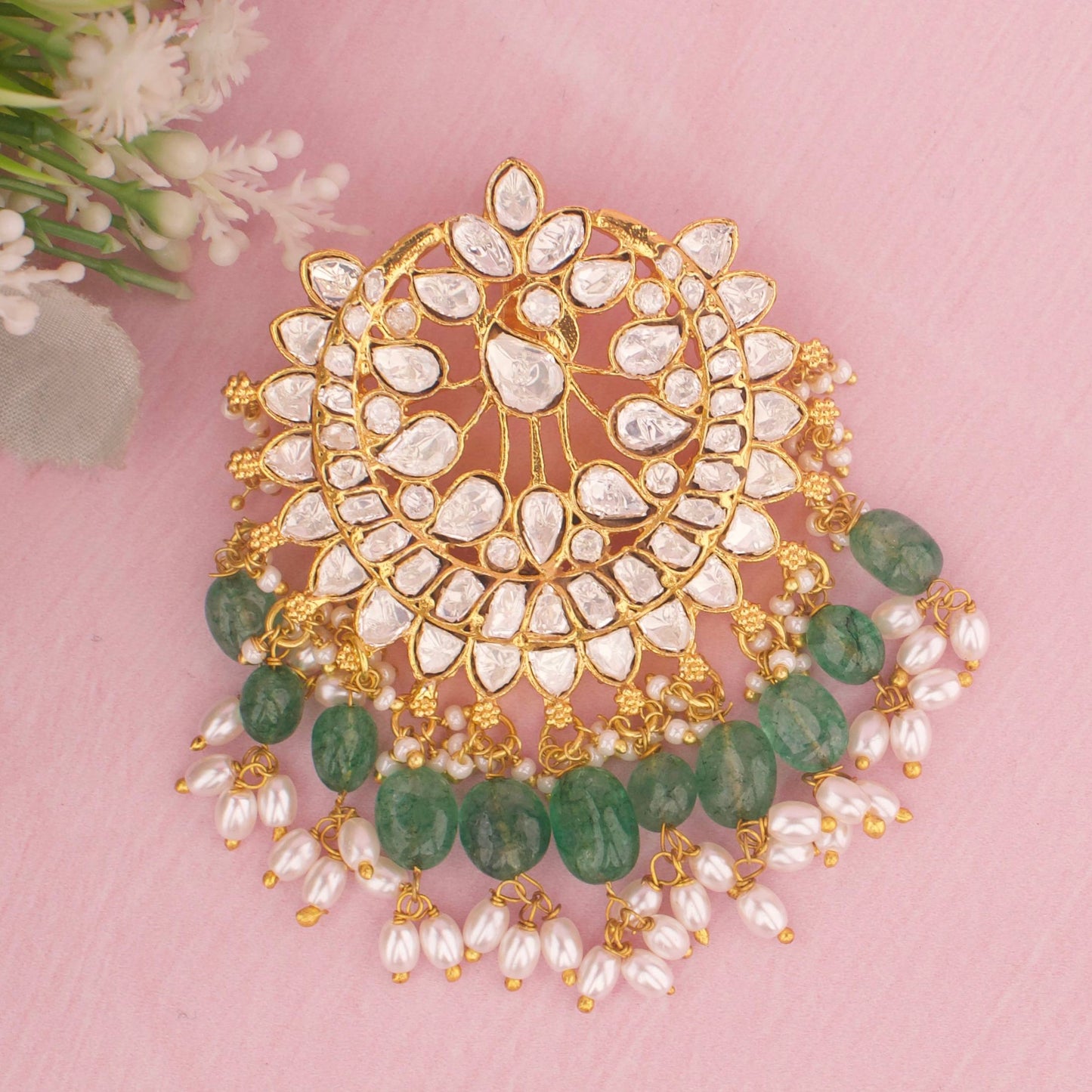 Elegant Moissanite Polki Locket With Rice Pearl Hangings