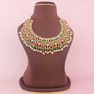 Gold Style Jadau Kundan Necklace With Strawberry Beads