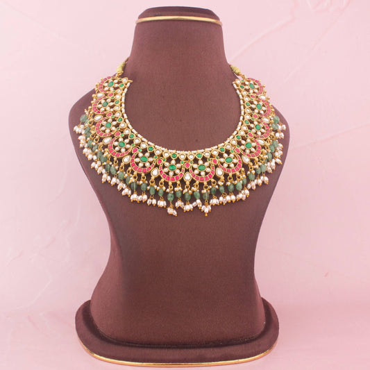 Gold Style Jadau Kundan Necklace With Strawberry Beads