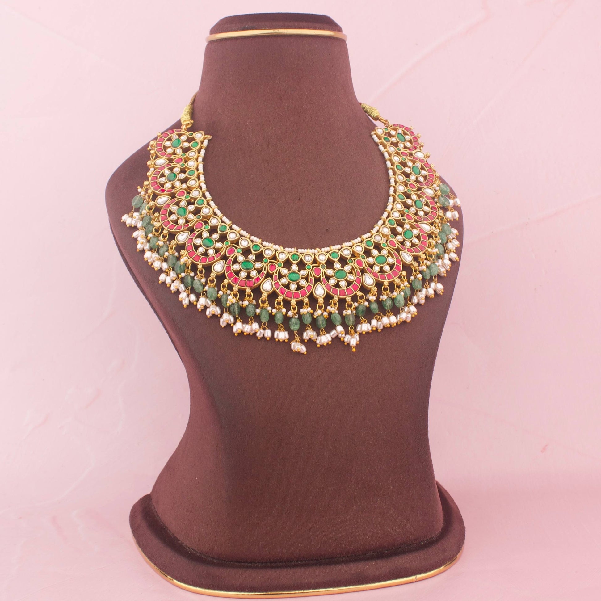 Gold Style Jadau Kundan Necklace With Strawberry Beads Craftsmanship & Detail View - Dulhan Jewels