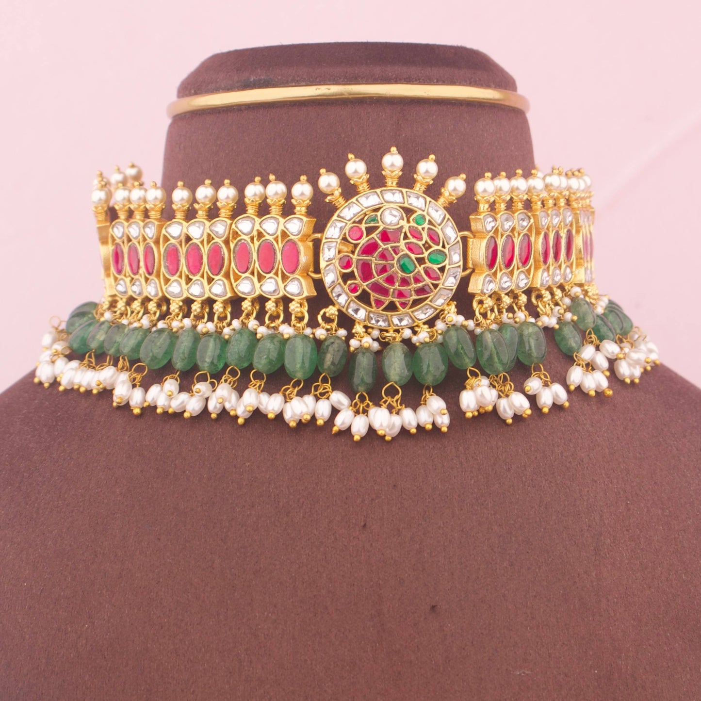 Traditional Jadau Kundan Choker With Ricepearl Hangings - Handcrafted Indian Bridal Jewelry by Dulhan Jewels