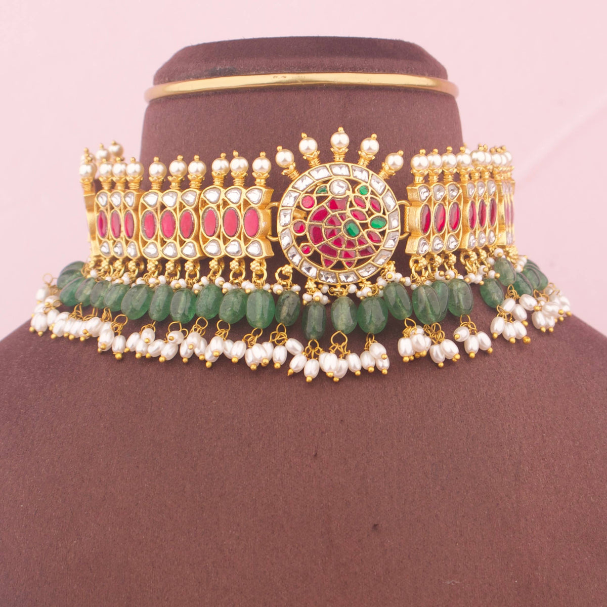Traditional Jadau Kundan Choker With Ricepearl Hangings - Handcrafted Indian Bridal Jewelry by Dulhan Jewels