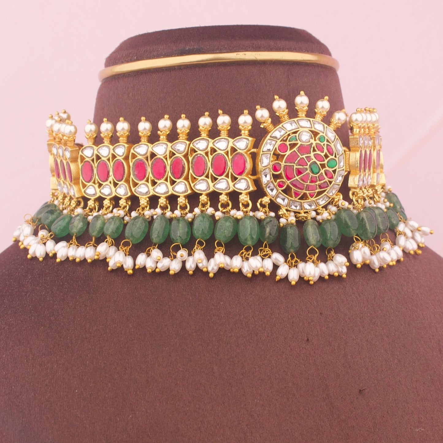 Traditional Jadau Kundan Choker With Ricepearl Hangings Craftsmanship & Detail View - Dulhan Jewels