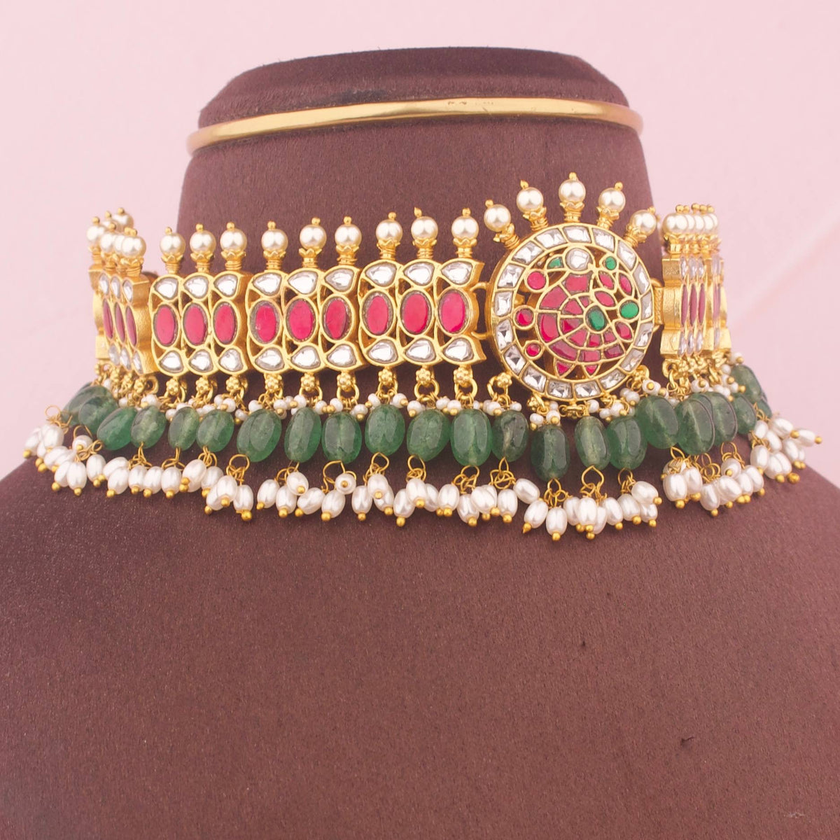 Traditional Jadau Kundan Choker With Ricepearl Hangings Craftsmanship & Detail View - Dulhan Jewels
