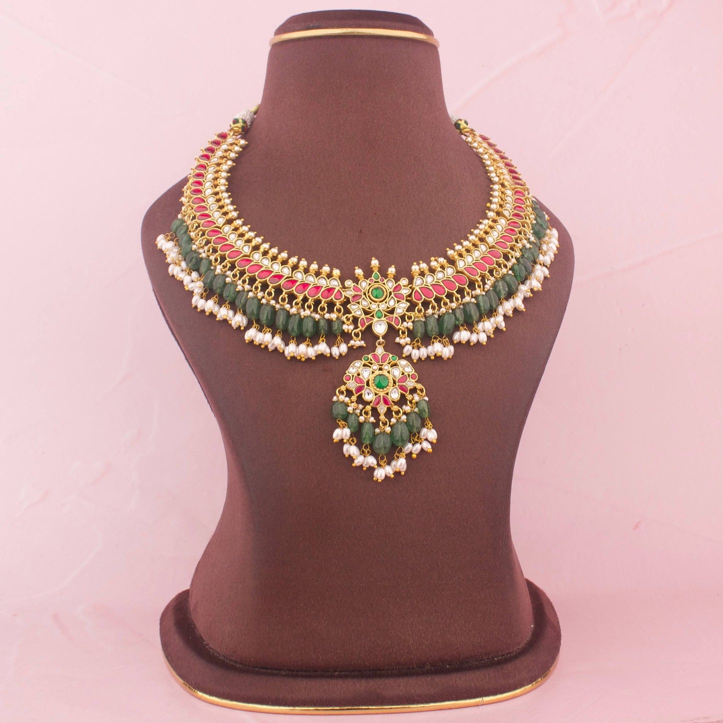 Regal Jadau Kundan Necklace With Green Beads - Handcrafted Indian Bridal Jewelry by Dulhan Jewels