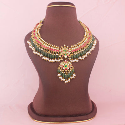 Regal Jadau Kundan Necklace With Green Beads