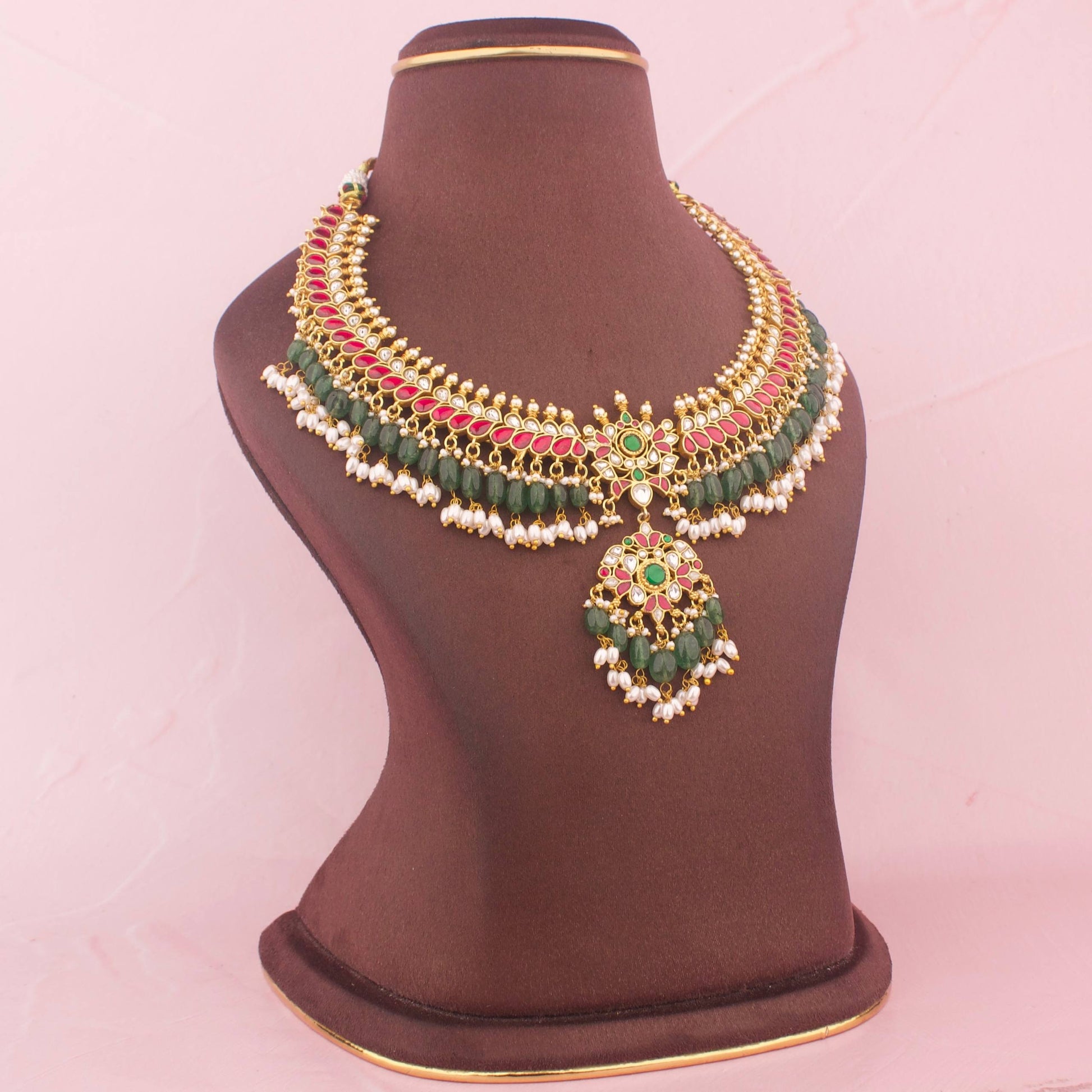 Regal Jadau Kundan Necklace With Green Beads Craftsmanship & Detail View - Dulhan Jewels