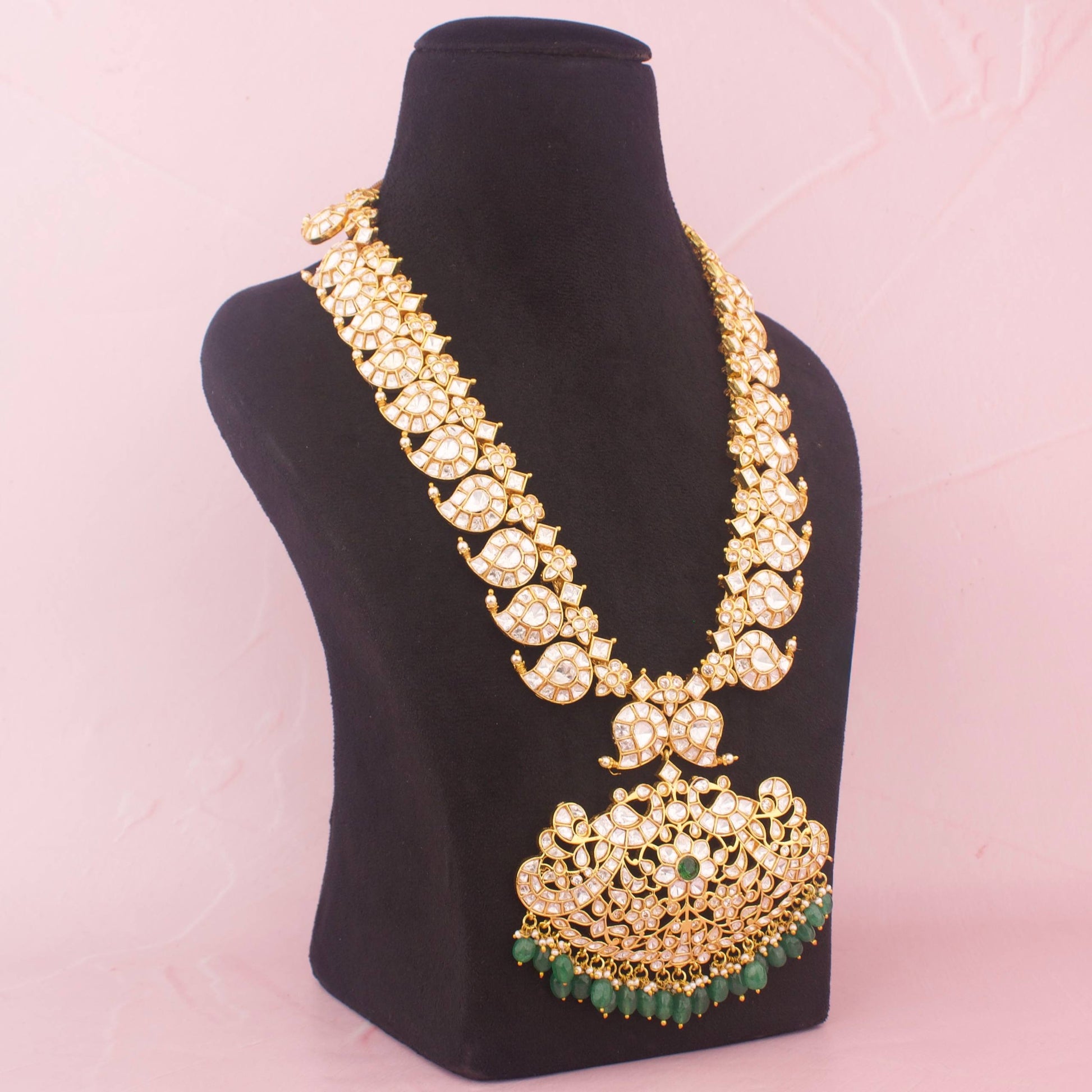 Bridal Moissanite Polki Mango Haram With Strawberry Beads Craftsmanship & Detail View - Dulhan Jewels