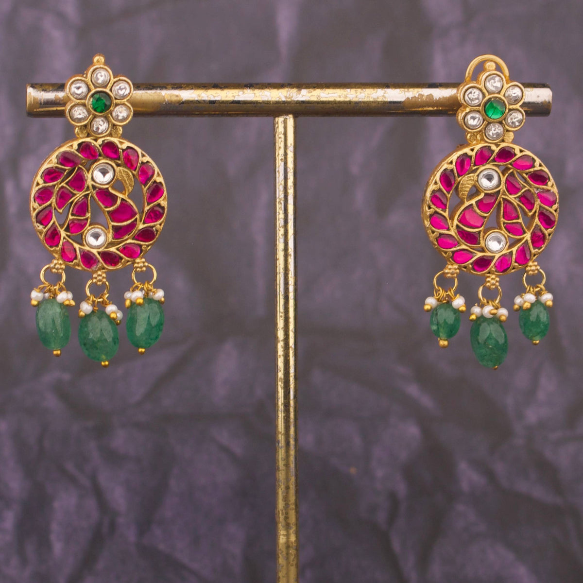 Unique Jadau Kundan Earrings With Emerald Drops Craftsmanship & Detail View - Dulhan Jewels
