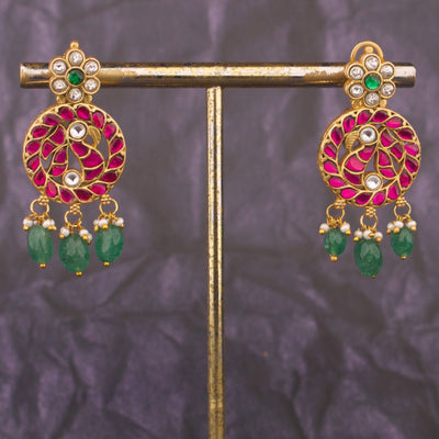 Unique Jadau Kundan Earrings With Emerald Drops