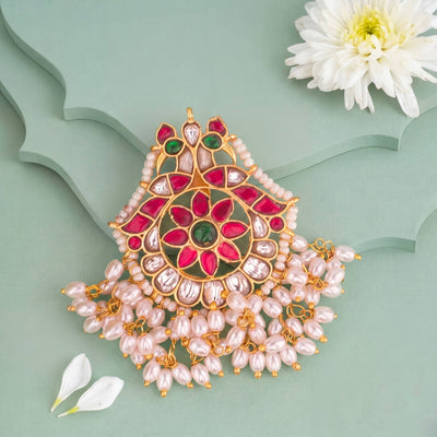 Minimal Jadau Kundan Pendant With Ricepearl Hangings