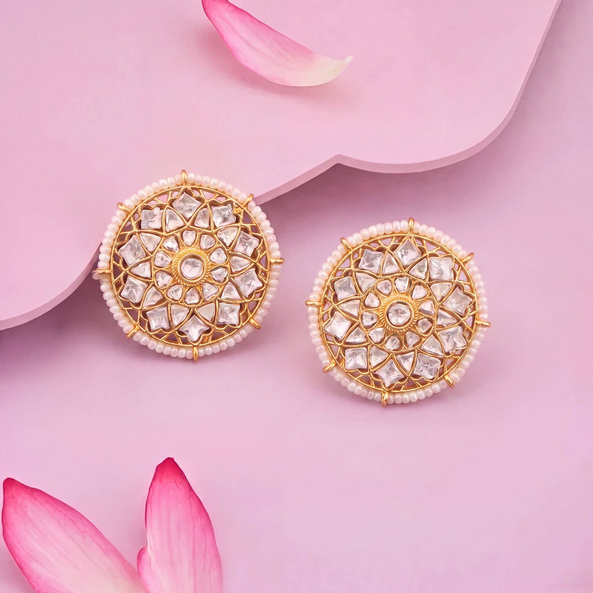 Floral Design Jadau Kundan Stud Earrings - Handcrafted Indian Bridal Jewelry by Dulhan Jewels