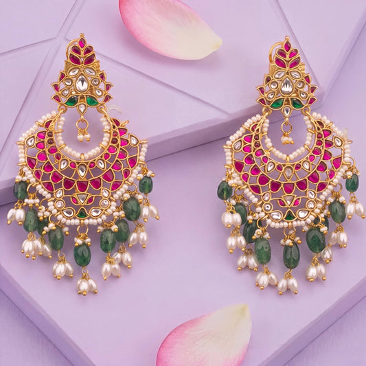 Radiant Jadau Kundan Chandbali Earrings With RicePearl Hangings