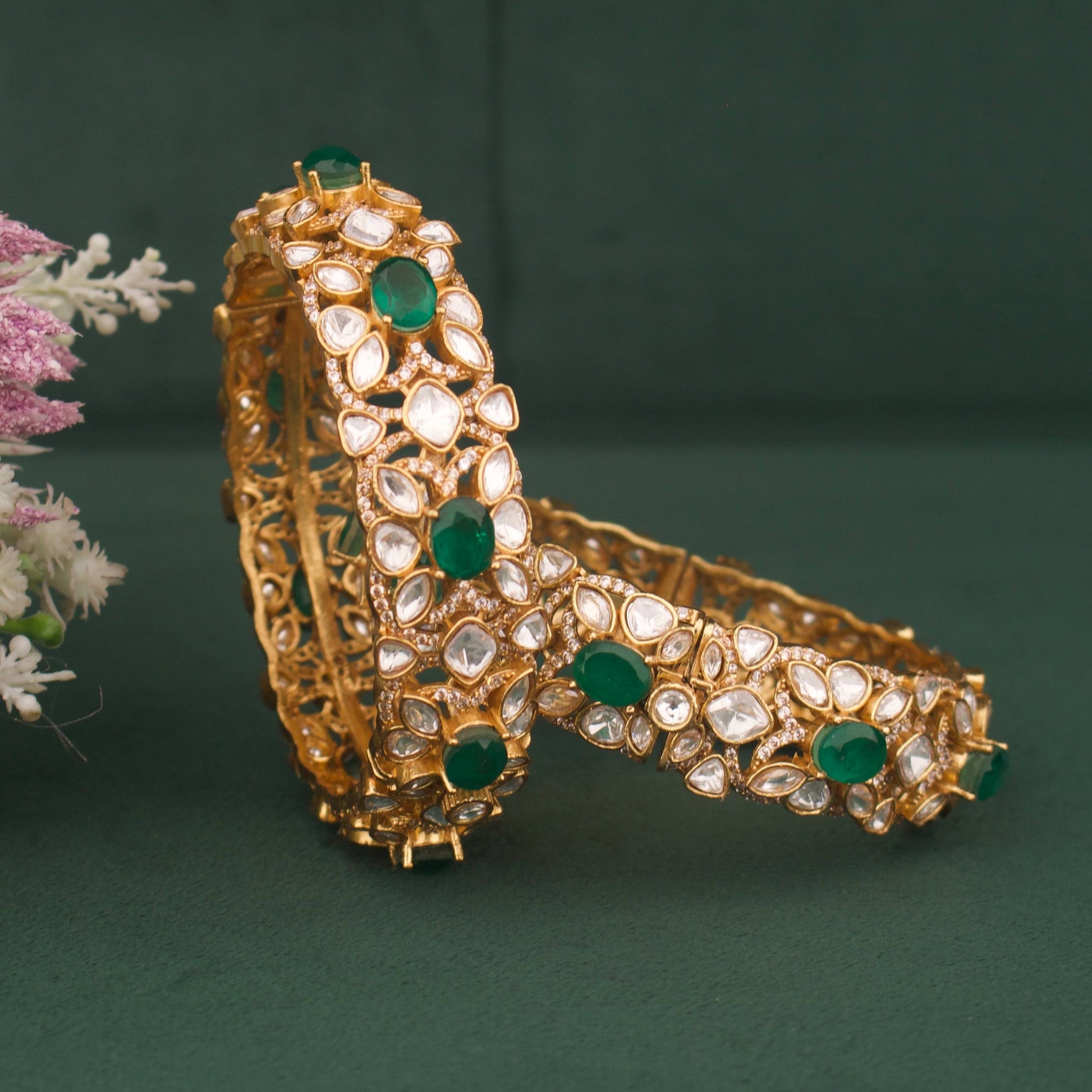 Stylish Victorian Bangle With Emerald Green Stones And Polki Close-up Design & Gemstone Detailing - Dulhan Jewels