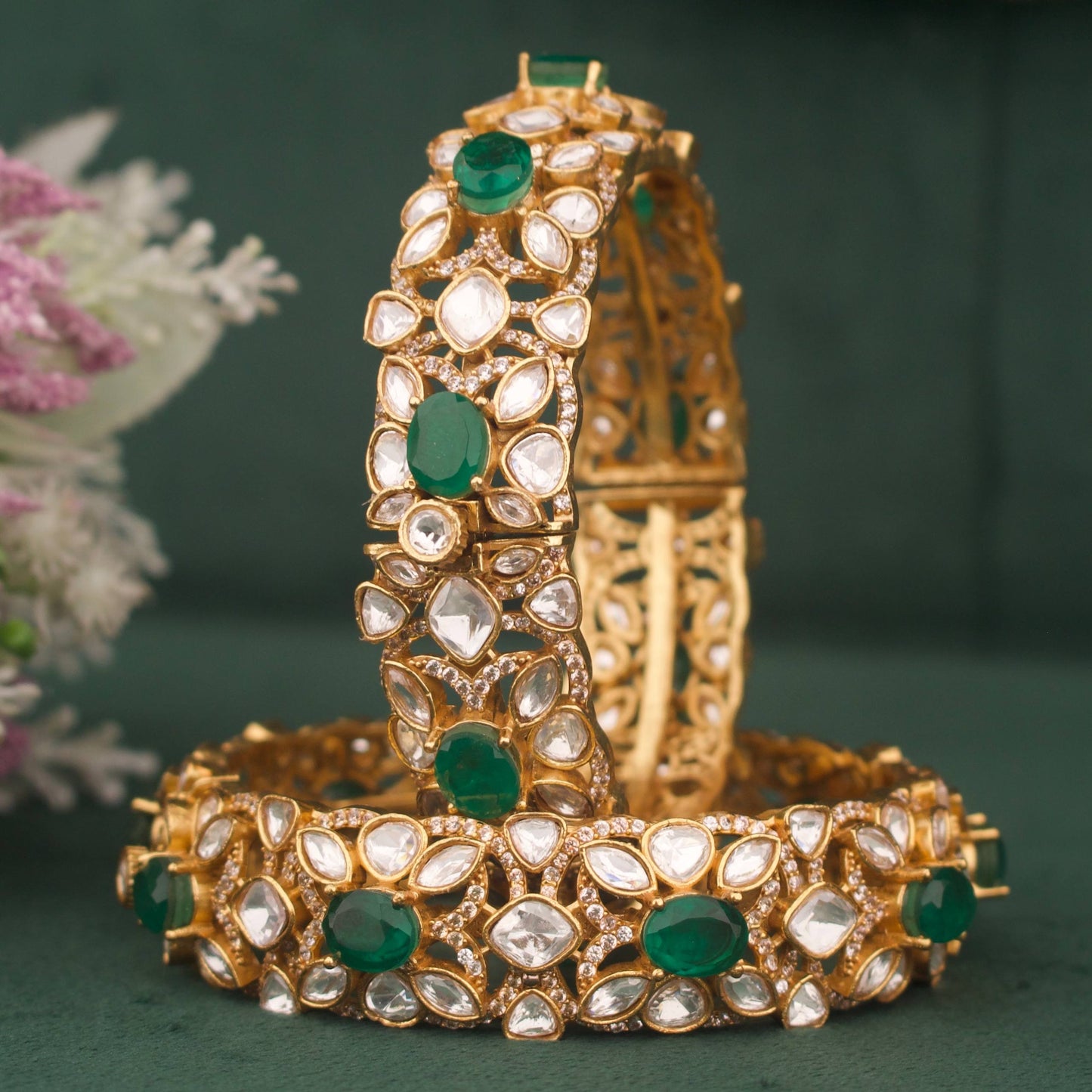 Stylish Victorian Bangle With Emerald Green Stones And Polki Styling Angle View 4 - Dulhan Jewels