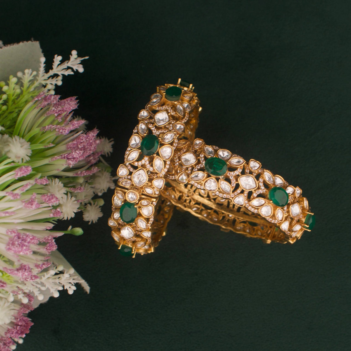 Stylish Victorian Bangle With Emerald Green Stones And Polki Styling Angle View 5 - Dulhan Jewels