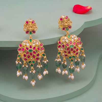 Antique Temple Laxmi Devi Jadau Kundan Earrings With Green Beads And Rice Pearls