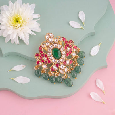 Opulent Peacock Jadau Kundan Pendant With Green Beads
