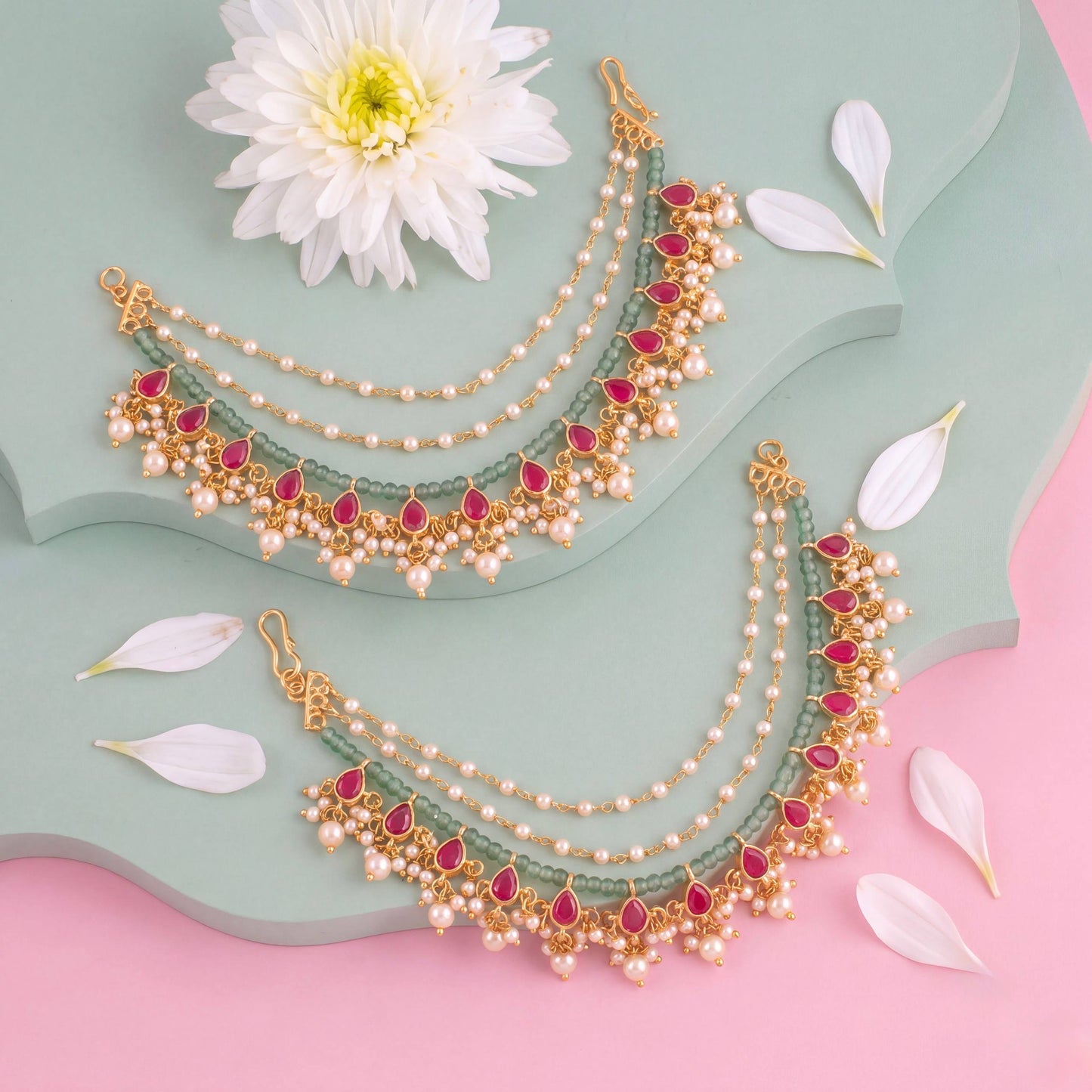 Elegant Jadau Kundan Earchain With Pearl Hangings