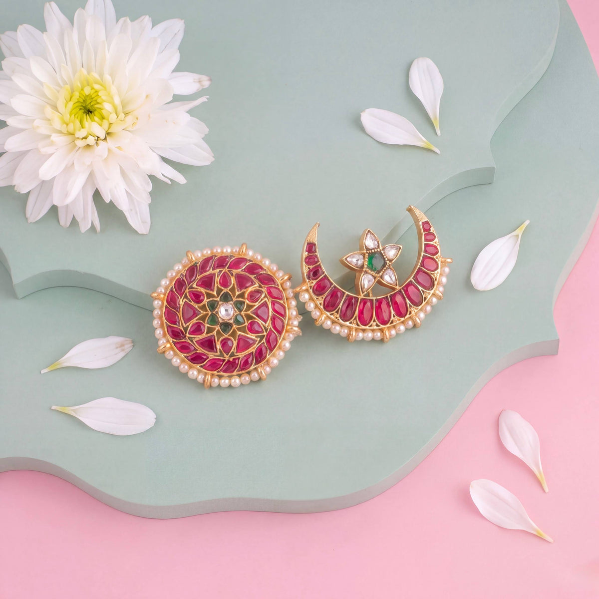 Royal Crescent Moon & Sun Kundan Hairpin With Pearl Detailing - Handcrafted Indian Bridal Jewelry by Dulhan Jewels