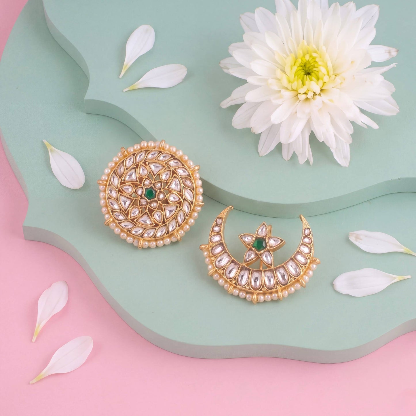 Divine Crescent Moon & Sun Polki Kundan Hairpin With Pearl Border