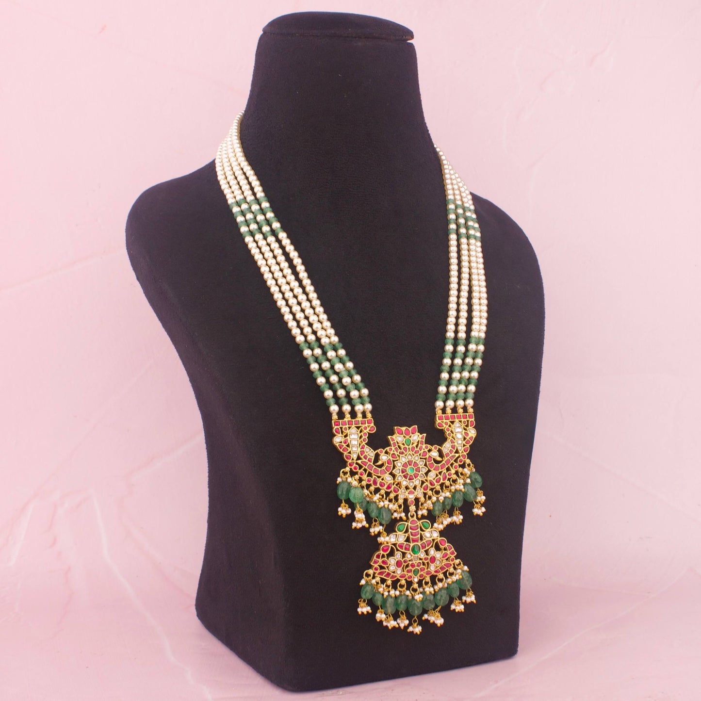 Stylish Jadau Kundan Beads Mala With Green Drops