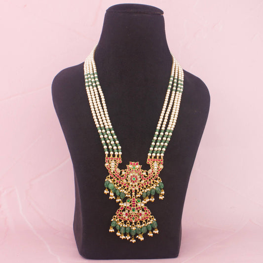 Stylish Jadau Kundan Beads Mala With Green Drops