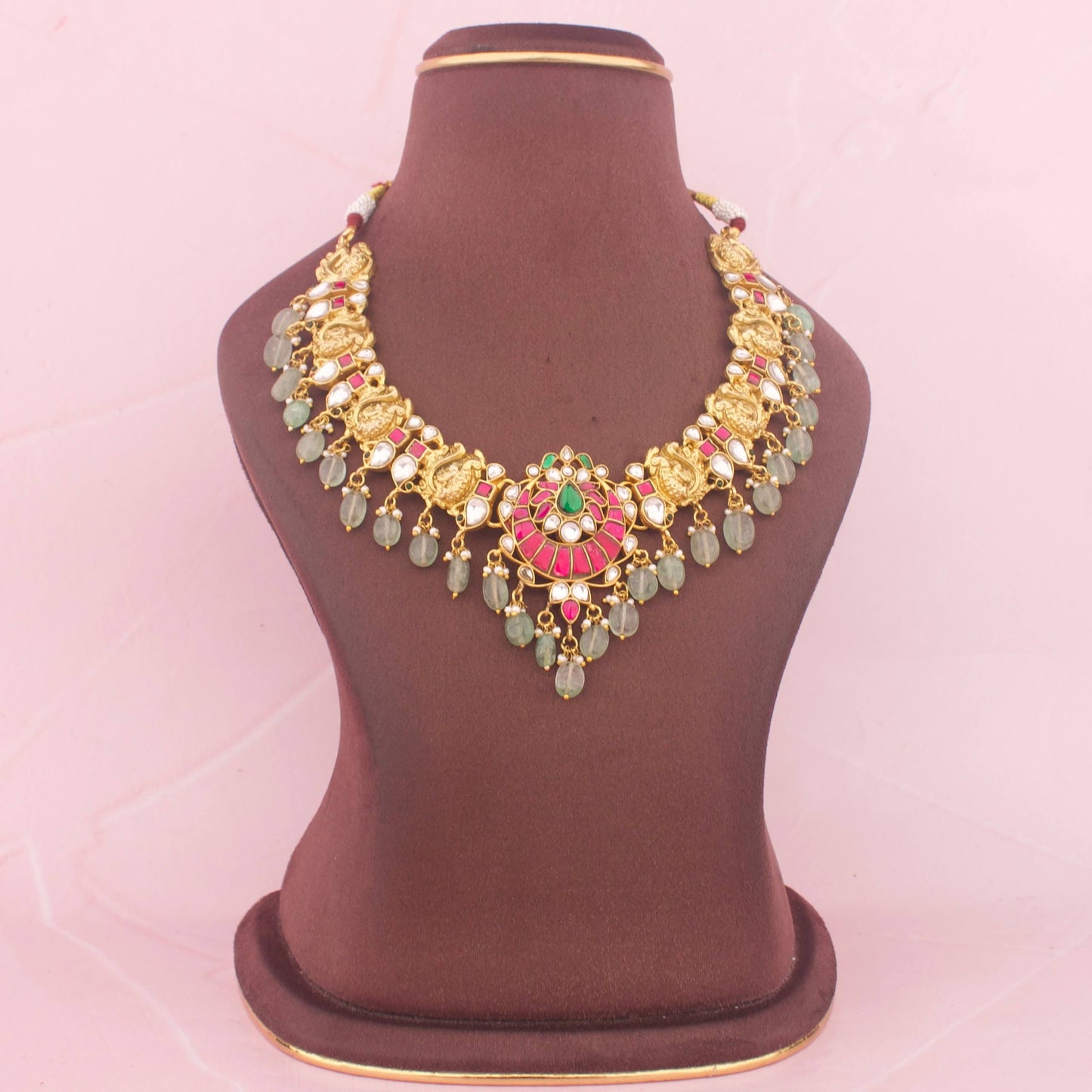Gold Style Jadau Kundan Necklace Set With Emerald Hangings