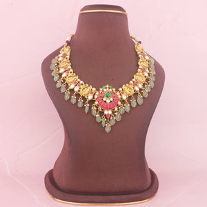 Gold Style Jadau Kundan Necklace Set With Emerald Hangings