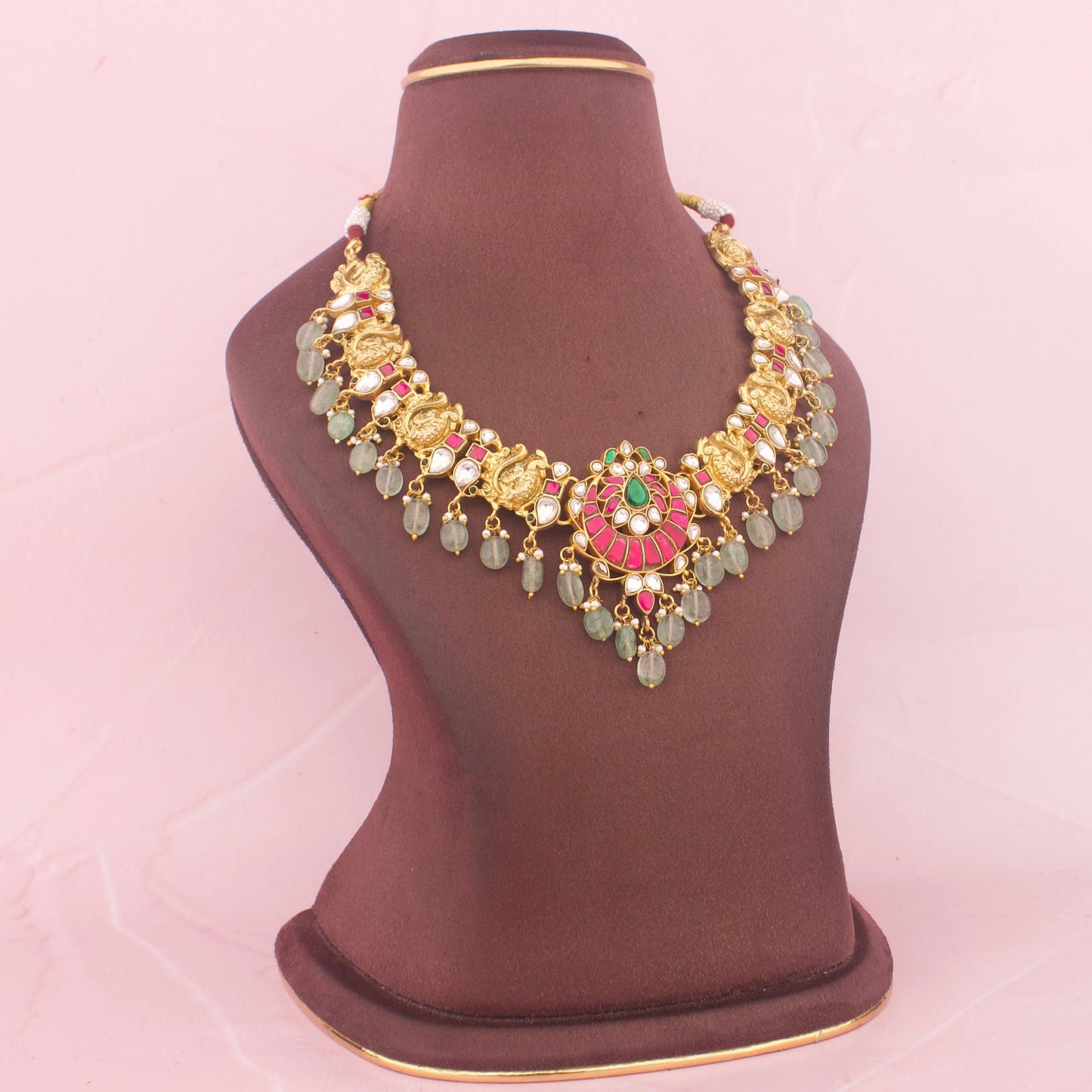 Gold Style Jadau Kundan Necklace Set With Emerald Hangings
